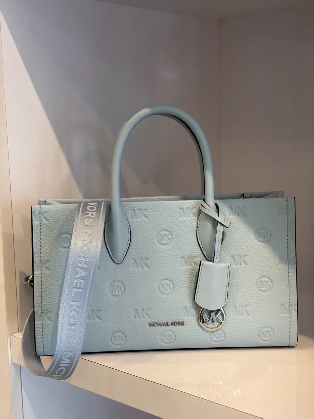 Michael Kors Light Blue Embossed MK Satchel with Detachable Strap
